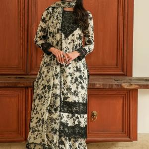 Ivory Noir Floral Printed Lawn 3-Piece Unstitched Suit | MalaZaar Luxe Collection
