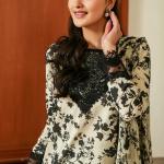 Ivory Noir Floral Printed Lawn 3-Piece Unstitched Suit | MalaZaar Luxe Collection